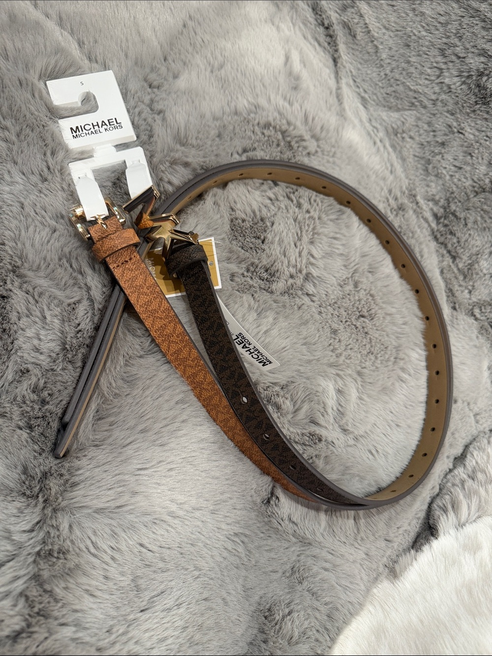Michael Kors 2 in 1 Belt Set Monogram Brown Acorn Women 0.75" Skinny Belts Sz S